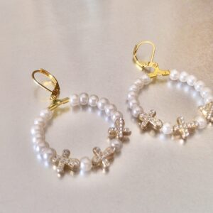 Pearl and Gold Vermeil Cross Hoop Earrings