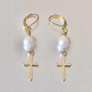 Freshwater Pearl Gold Vermeil Dangle Cross Earrings