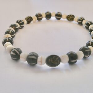 Vanilla Turquoise and Carved Bone Bead Antique Bronze Stretch Bracelet