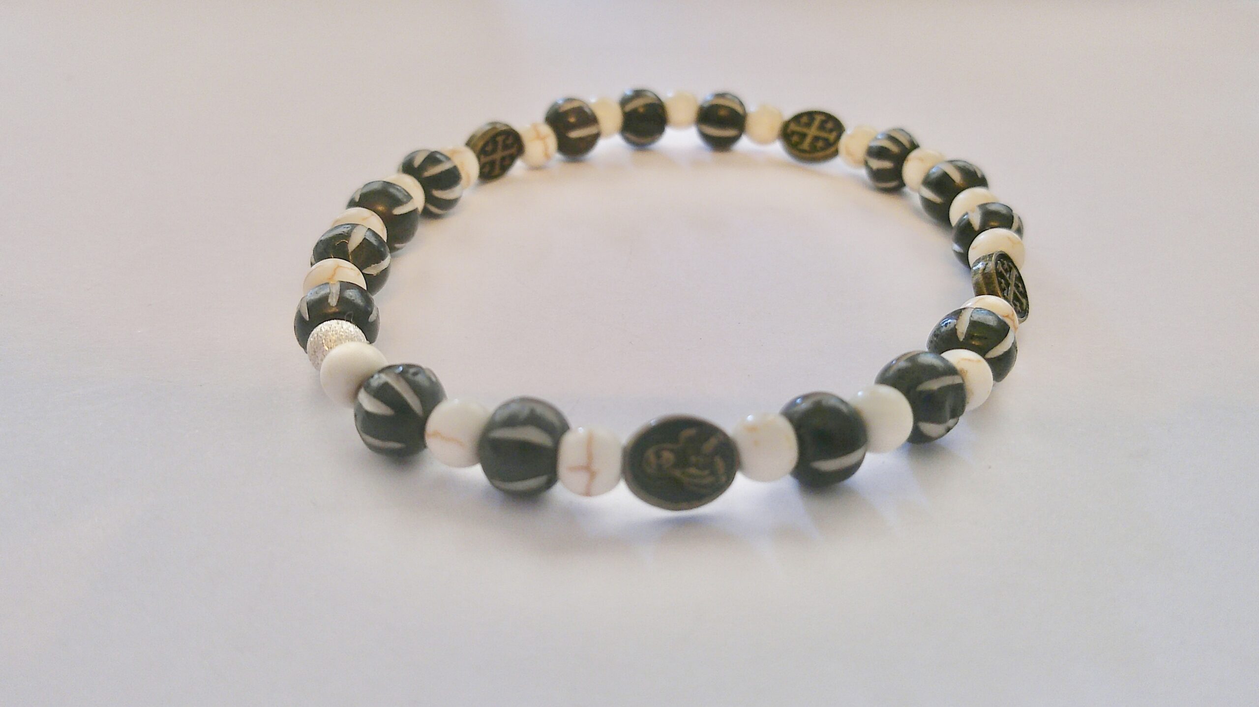 Vanilla Turquoise and Carved Bone Bead Antique Bronze Stretch Bracelet