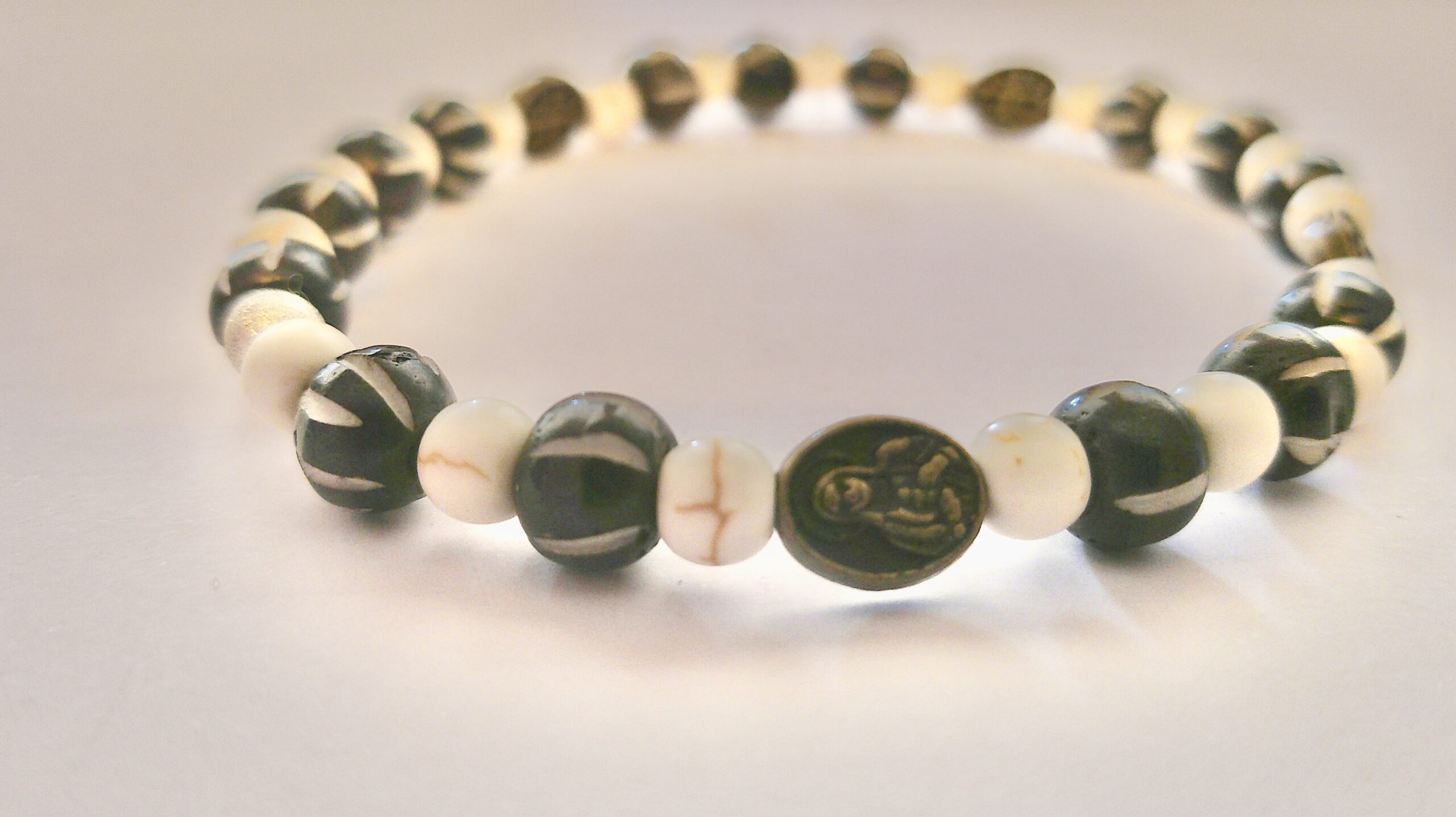 Vanilla Turquoise and Carved Bone Bead Antique Bronze Stretch Bracelet - Image 2
