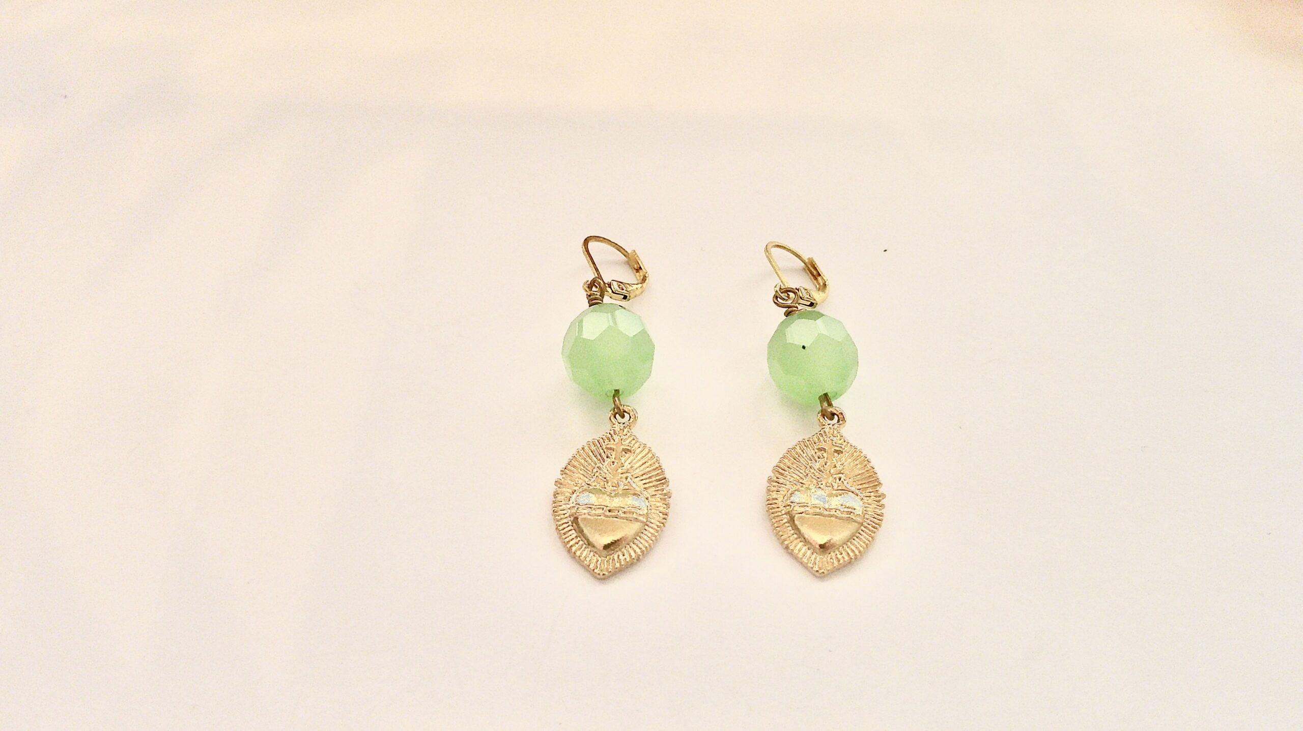 Sacred Heart Mint Green Crystal Gold Vermeil Dangle Earrings - Image 3