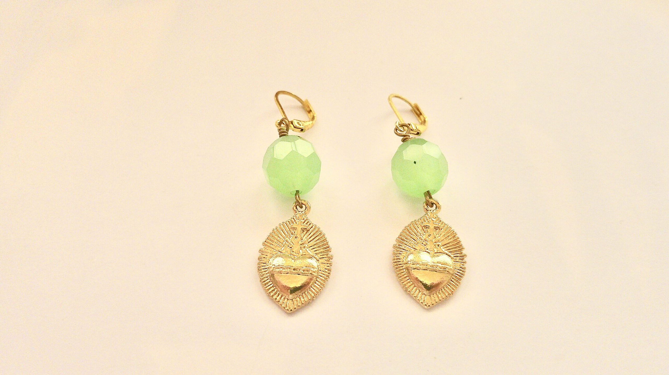 Sacred Heart Mint Green Crystal Gold Vermeil Dangle Earrings