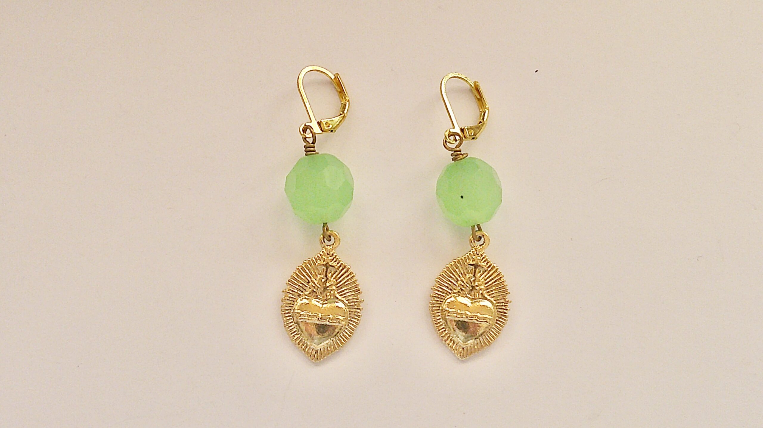 Sacred Heart Mint Green Crystal Gold Vermeil Dangle Earrings - Image 2