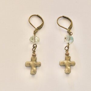 Smokey Rainbow Crystal Quartz Antique Bronze Cross Dangle Earrings