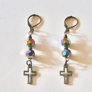 Rainbow Aura Crystal Antique Bronze Cross Earrings