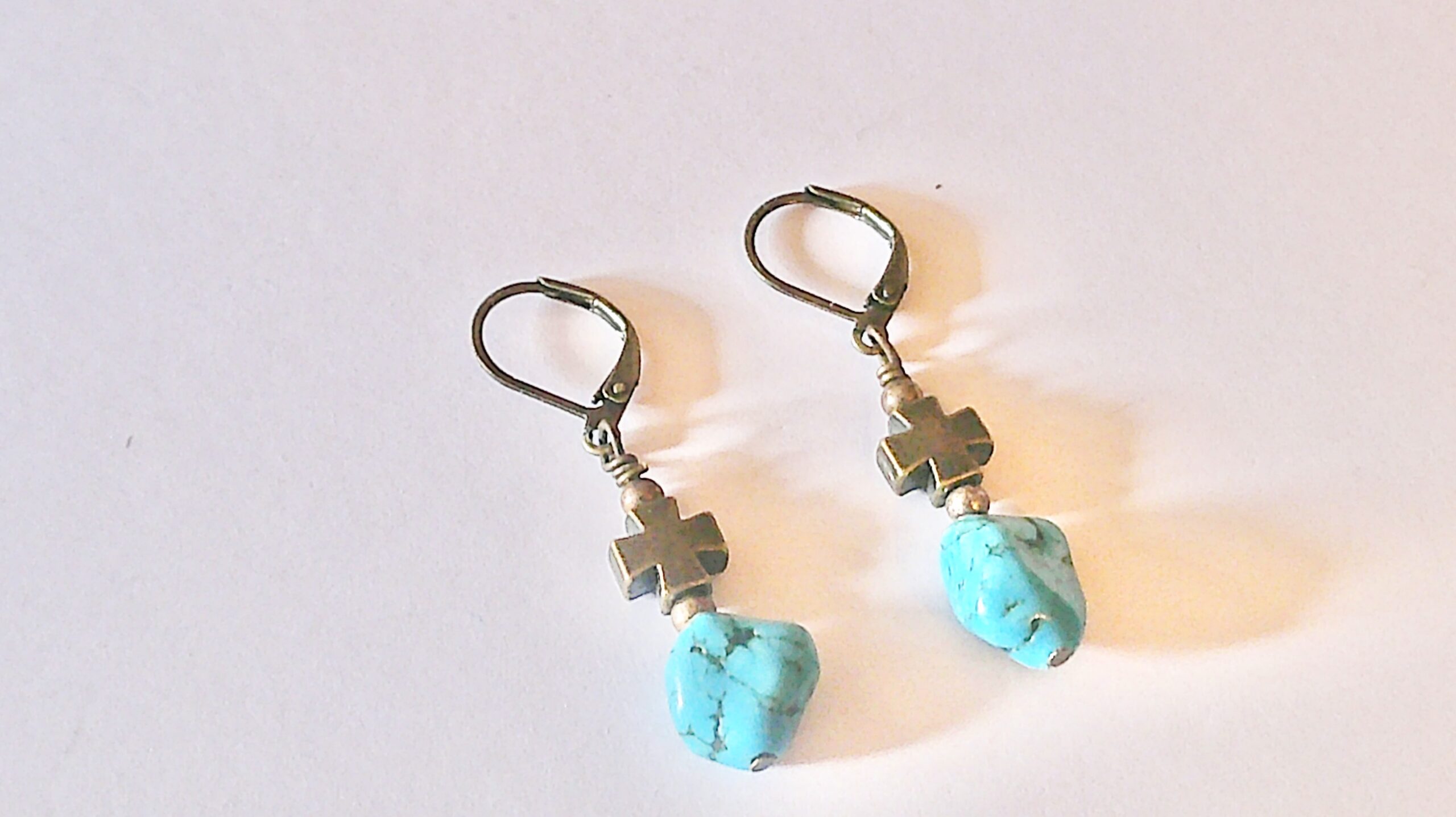 Blue Matrix Freeform Antique Bronze Cross Earrings - Image 2