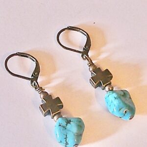 Blue Matrix Freeform Antique Bronze Cross Earrings