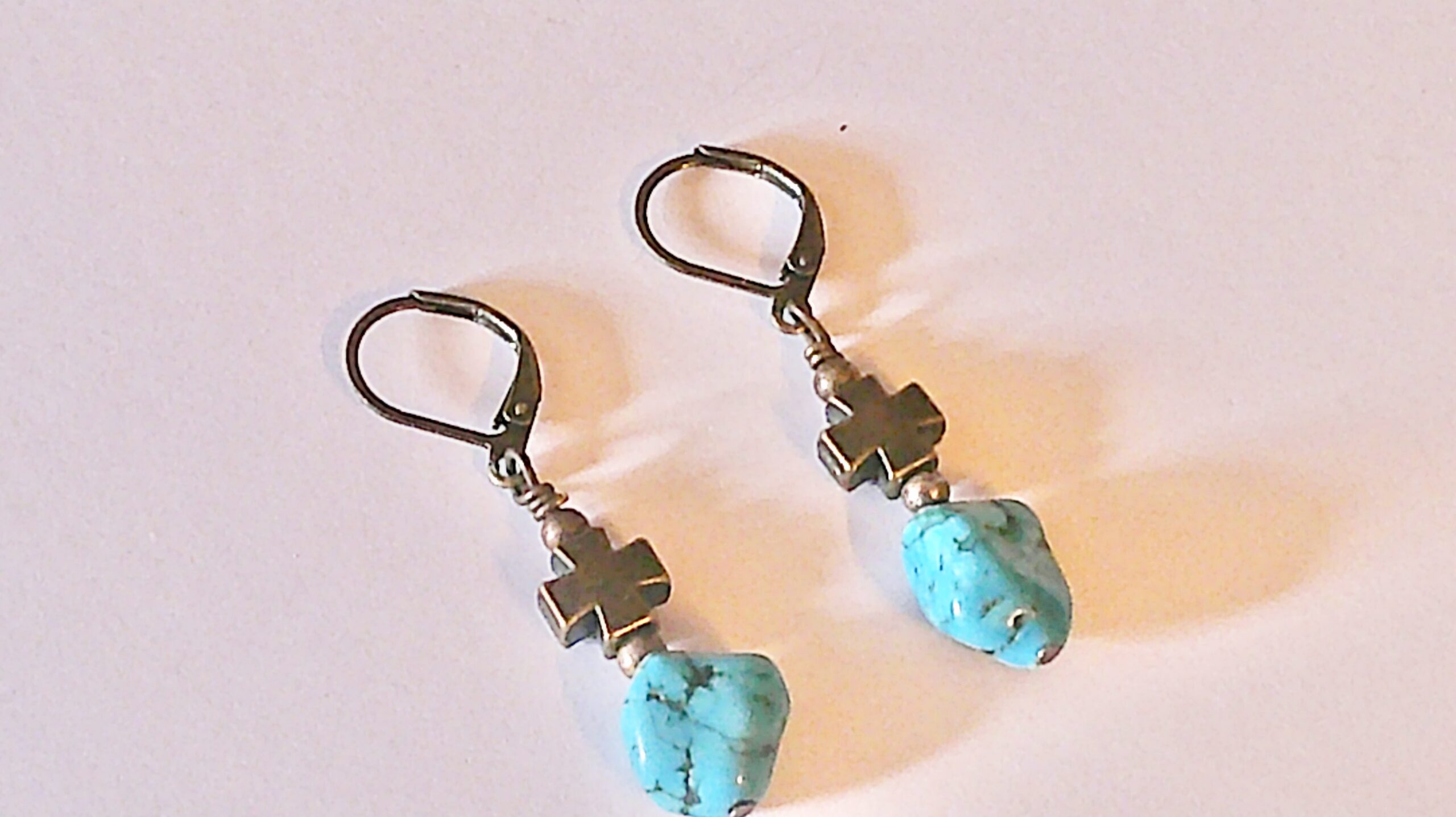Blue Matrix Freeform Antique Bronze Cross Earrings