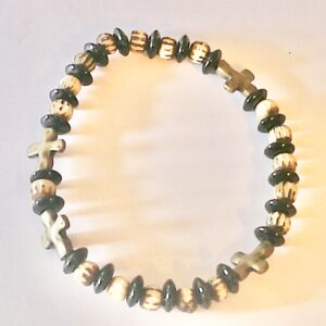 Black Onyx and Batik Bone Cross Mens Stretch Antique Bronze Bracelet