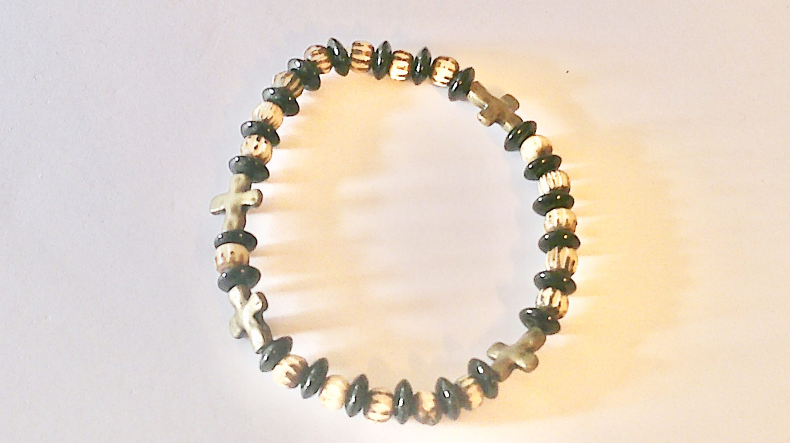 Black Onyx and Batik Bone Cross Mens Stretch Antique Bronze Bracelet