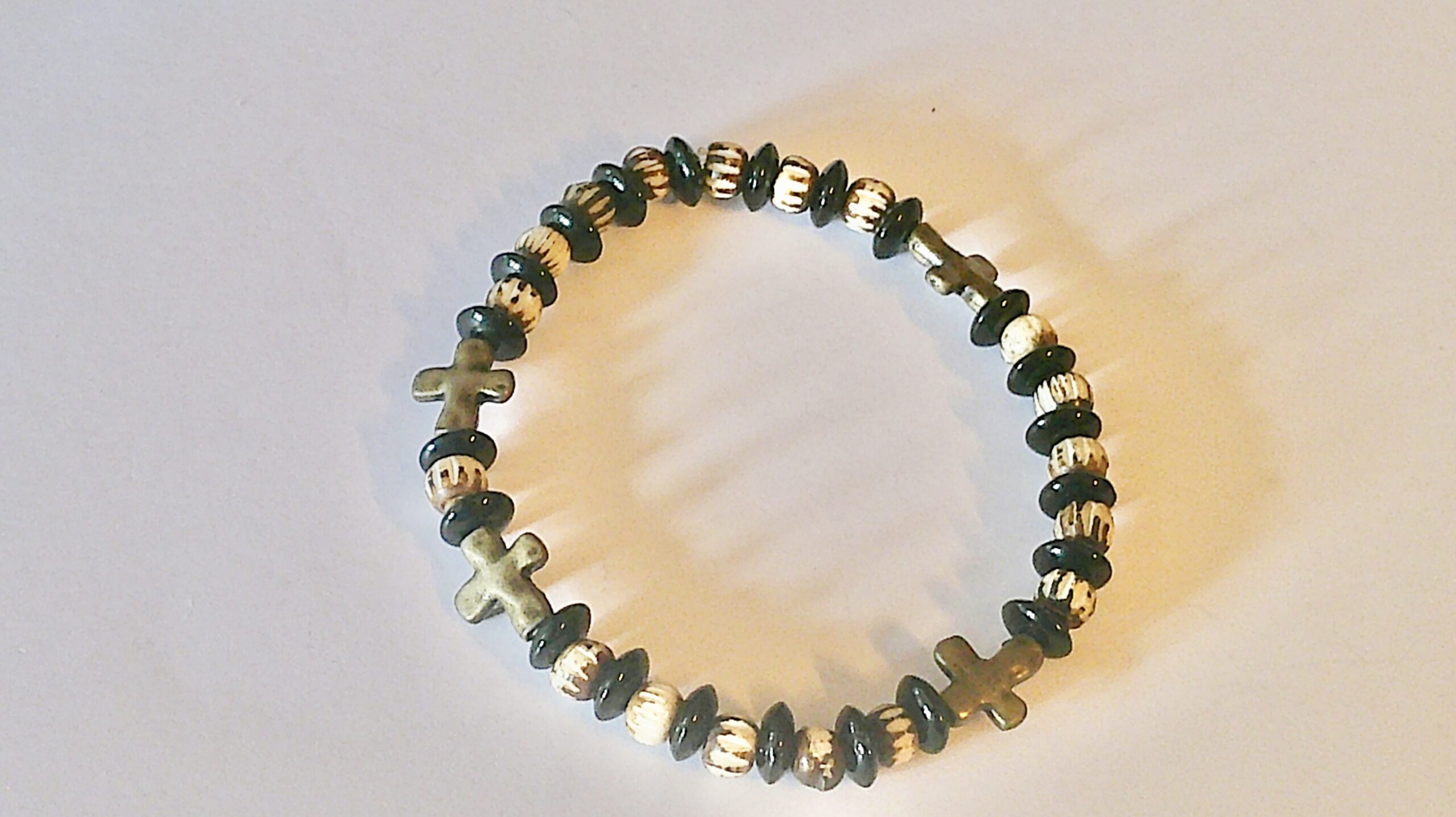 Black Onyx and Batik Bone Cross Mens Stretch Antique Bronze Bracelet - Image 3