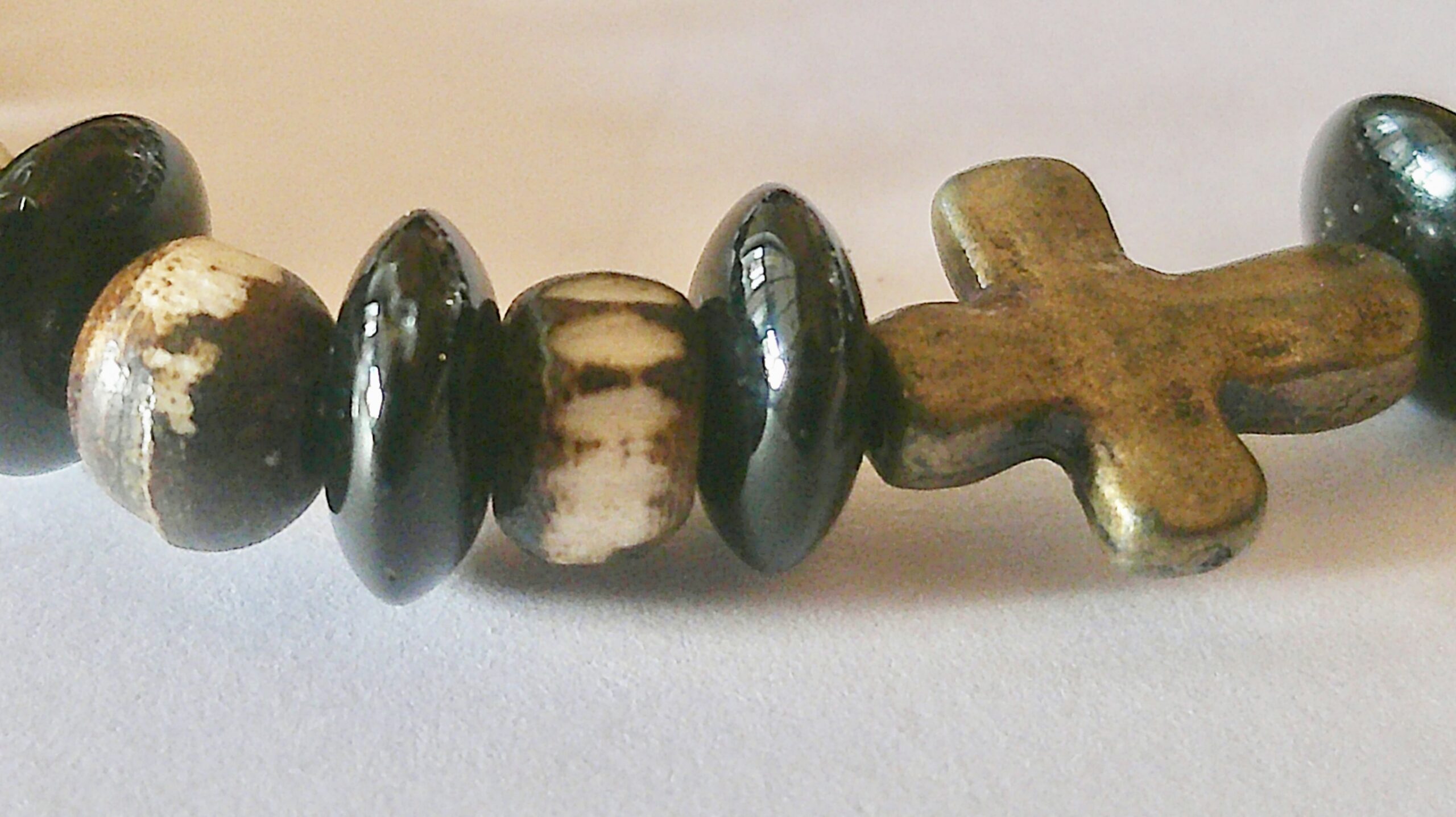 Black Onyx and Batik Bone Cross Mens Stretch Antique Bronze Bracelet - Image 4
