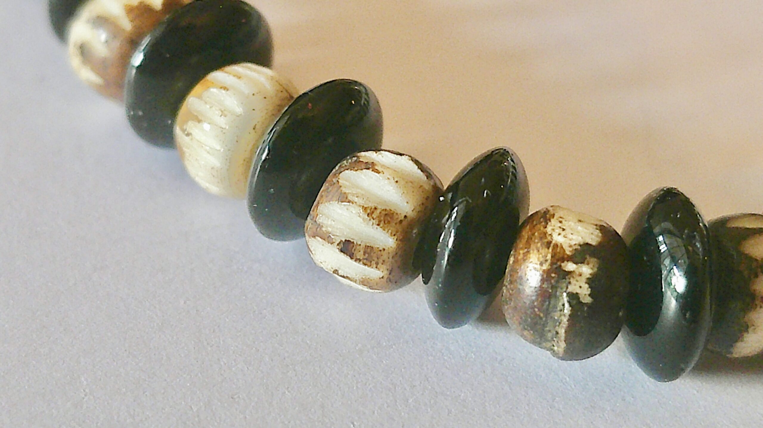 Black Onyx and Batik Bone Cross Mens Stretch Antique Bronze Bracelet - Image 2